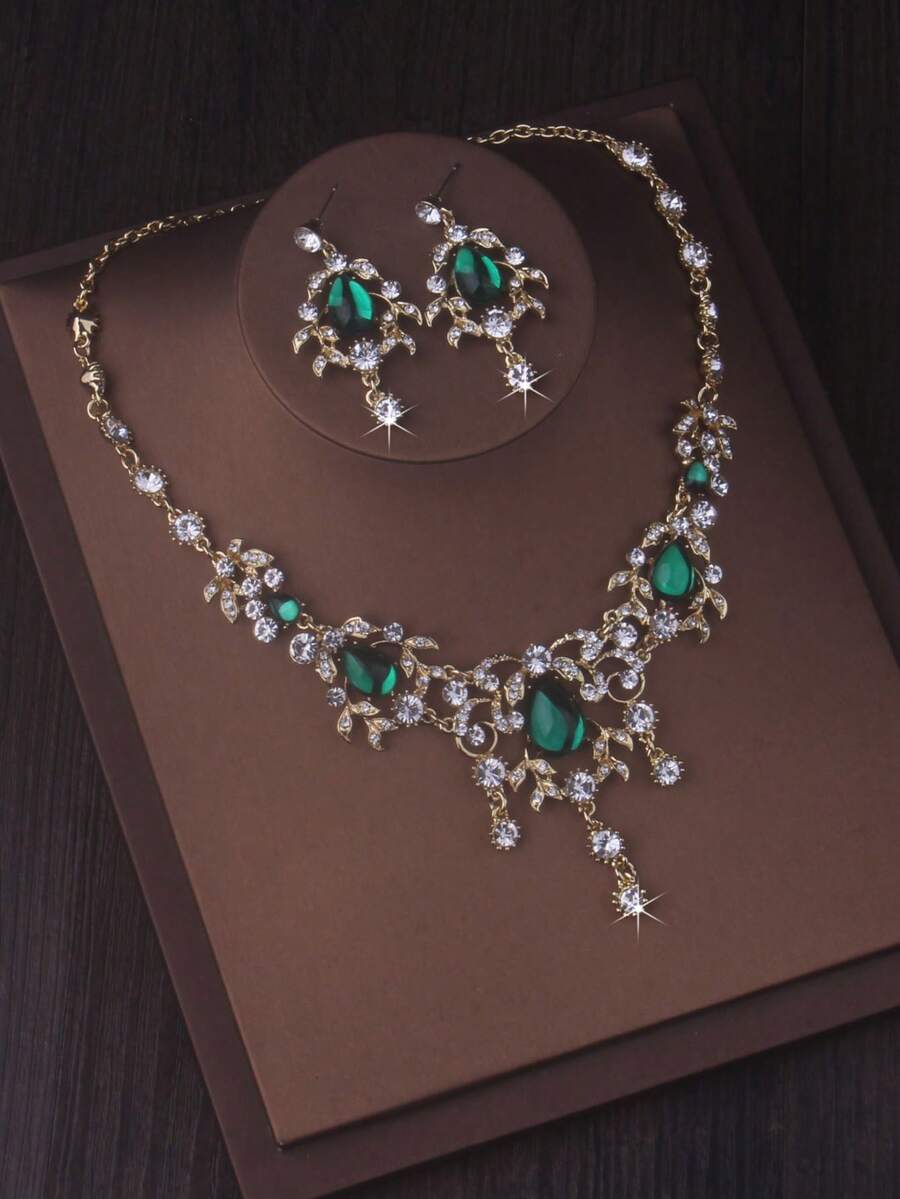 High End And Stylish New Necklace+Pair Of Earrings Set, Red And Green Water Droplet Pendant Set, Bridal Accessories, Wedding Dress, Evening Party Accessories - 項鍊+耳環套裝 - 查看 1