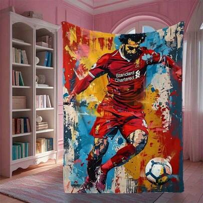 1pc Liverpool Football Player Graphic Soft Polyester Blanket - Suitable For All Seasons, Hypoallergenic, Tear-Resistant, Ideal For Sofa, Bed, Office, Camping And Travel, Perfect For Christmas, Wedding, Birthday, Friend Gifts, Camping Blanket | Football Theme | Knit Blanket, Football Accessories