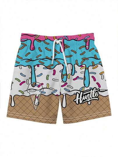 Plus Size Men's Summer Casual 3D Ice Cream & Cake Print Beach Shorts, Drawstring Waist, Lightweight, No Lining, Suitable For Outdoor Sports