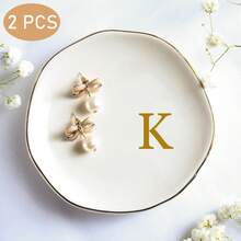 2 PCS Letters Pattern Ceramic Jewelry Tray, Asymmetrical Round Jewelry Storage Dish, Ring, Necklace, Earrings Collection Storage And Display, Wedding Souvenirs Gift For Wedding Souvenirs Day Mother's Day For Women Storage Organizer Travel Essentials Gift - Multicolor - View 20