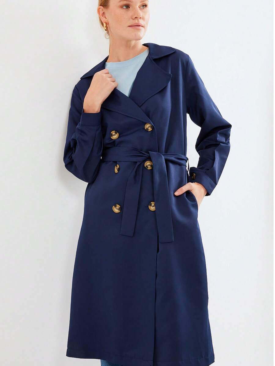 Solid Color Elegant Belted Trench Coat With Crossover Collar, Pockets, Double-Breasted - Navy Blue - View 1