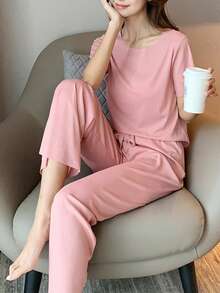 Conjunto de pijama de mujer de 3 piezas, pantalón largo, pantalón corto, camiseta de manga corta - Rosa - Ver 3
