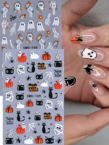 2 件浮雕可爱万圣节指甲贴纸鬼南瓜蜘蛛网黑猫贴花美甲设计白色骷髅头骨绷带花自粘纹理节日滑块美甲装饰美甲用品