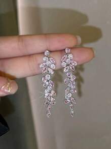 1 par de pendientes elegantes y lujosos con diseño de hoja dulce y cristales incrustados, adecuados para bailes, banquetes, fiestas y bodas
