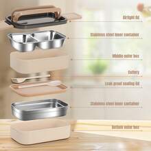 Stainless Steel 2-Layer Lunch Box – Leak-Proof Bento Box For Adults, Ideal For Office, Outdoor Use & Food Transport, Perfect For Meal Prep And Gift For Any Occasion - Màu be - Xem 5