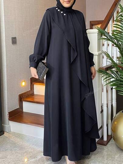 Fashion Retro Solid Green Traditional Arabic Clothing Loose Robe Dress