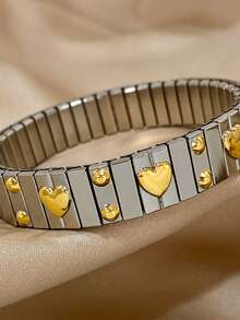 1pc Gold Heart-Shaped Bracelet, Elastic Stainless Steel Bracelet, Women's Silver Bangle, Suitable For Daily Wear, Parties, Weddings, Birthdays, Can Be Used As Jewelry Gift - Silver - View 8