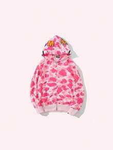 Camouflage Shark Hoodie Men's Autumn And Winter Cardigan Zip Embroidered Hooded Sweater Shark Jaw Jacket Ape Camouflage Full Zip Jacket Couple - Pink - View 2