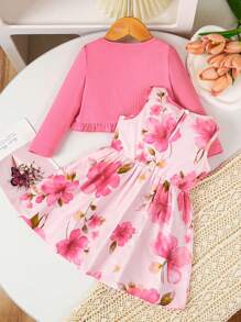 2pcs Baby Girl Cute And Elegant Bow Decor Camisole Dress With Mini Jacket Set, Rose Red