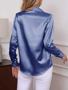 Áo sơ mi dài tay cài cúc màu trơn thanh lịch mới năm 2026, kiểu dáng cổ điển dành cho nữ công sở mùa xuân. - Màu xanh lam - Xem 2