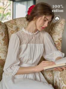 Simple Retro 女士春夏新款撞色蕾丝领白色优雅复古修身短袖连衣裙，女仆装，夏季棉质半身裙，伴娘礼服，法式温柔优雅 - 白色 - 查看 8
