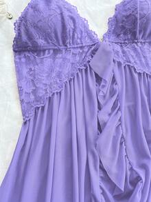 Váy ngủ camisole ren trơn màu lãng mạn cho nữ kèm quần lót ren đồng bộ, thiết kế cổ chữ V tôn lên đường cổ thanh lịch, họa tiết ren tinh tế tăng vẻ nữ tính mềm mại, gấu váy và ngực bèo nhún bay bổng tạo nét quyến rũ tinh nghịch, quà tặng lý tưởng cho các dịp lễ - Màu tím hoa cà - Xem 6