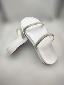 Women's Flat Sandal  Rhinestone Straps Shiny Two In One Comfortable Adjuster - Bright White 3 - View 1