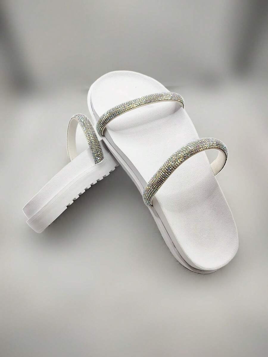 Women's Flat Sandal Rhinestone Straps Shiny Two In One Comfortable Adjuster - Bright White 3 - View 1