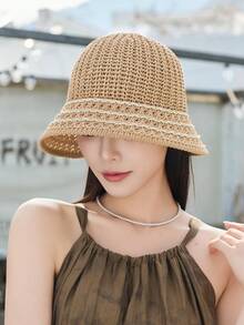 1 件女士春夏纯色编织草帽，镂空透气遮阳帽，简约时尚沙滩太阳帽，适合海滩玩耍 - A - 查看 21