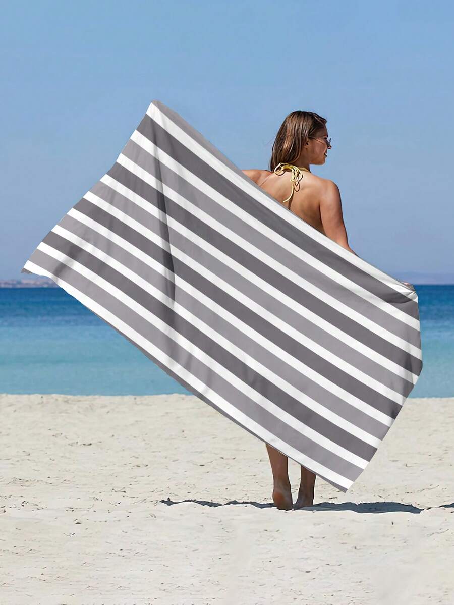 超大柔软吸水条纹沙滩巾 - 现代针织面料，是旅行、度假、泳池和露营的理想之选 - 棕色和绿色可选，必备旅行现代针织吸水毛巾 - 灰色 - 查看 1