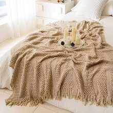 Cozy Knit Throw Blanket With Tassels - Soft, Lightweight & Warm - Perfect For Couch, Bed, And Travel - Farmhouse Style In Khaki & Cream - Khaki - View 3