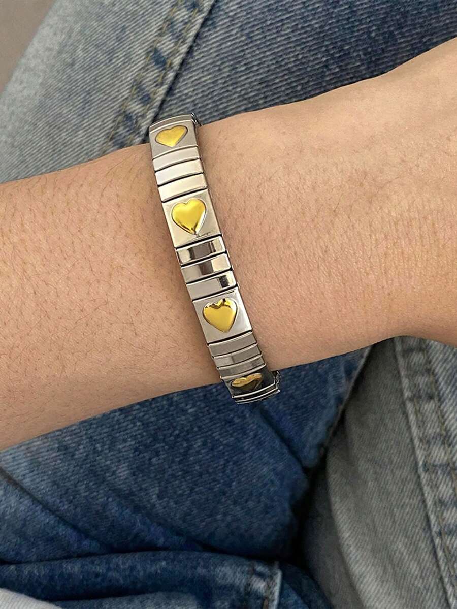 1pc Gold Heart-Shaped Bracelet, Elastic Stainless Steel Bracelet, Women's Silver Bangle, Suitable For Daily Wear, Parties, Weddings, Birthdays, Can Be Used As Jewelry Gift - Silver - View 1