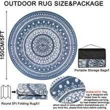 Cekene Round Outdoor Rugs For Patios Waterproof 240cm Reversible Camping Mat And Rug Plastic Outdoor Rugs For Garden Large Floor Area Rug For Outdoors Garden RV Trailer Backyard Deck Picnic Grey - Blue/White - View 2