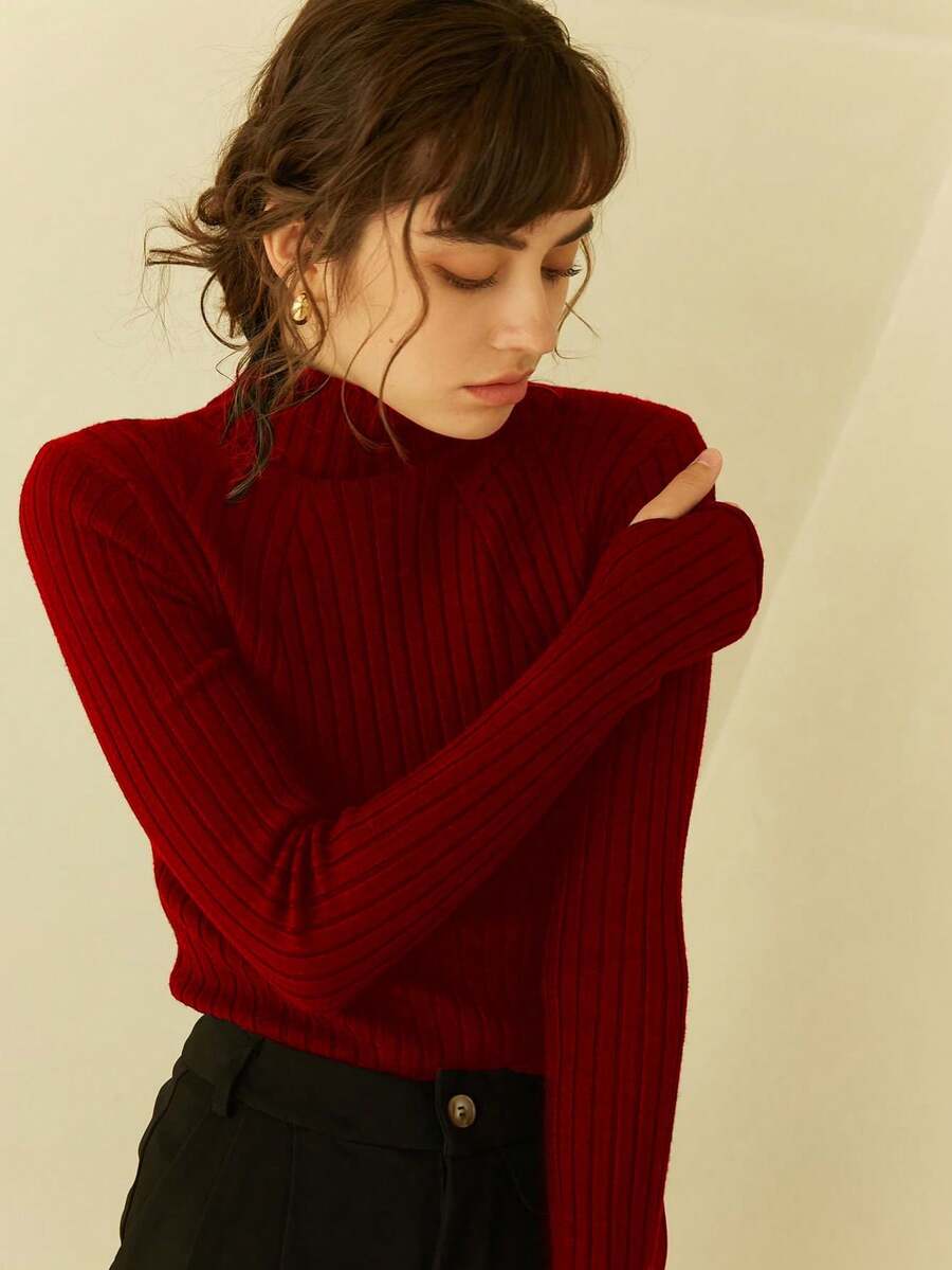Knit Mix Elegante suéter de cuello alto de punto para mujer, jersey esencial de manga larga con ajuste ceñido, estilo retro francés, adecuado para Navidad, Acción de Gracias, Año Nuevo y otras ocasiones, que irradia un ambiente de riqueza, la opción ideal para la temporada de regreso a clases y otoño/invierno.