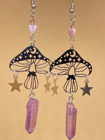 Pendientes de aro con colgante de cuarzo con diseños retro tipo estrella, luna y seta hueca, con gemas sintéticas de color púrpura y blanco, de estilo celestial, sol, luna y estrella, vintage y bohemio, para mujer como regalo de magia y uso diario