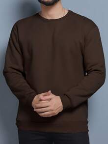 Cold Weather Sweatshirt Without Hood Round Neck Plain With Plush 3 Cables High Quality Unisex - 咖啡棕 - 查看 1