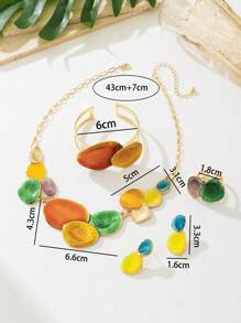 1 Set Colorful Dopamine Inspired Asymmetrical Geometric Ellipse Pendant Necklace, Bracelet, Earrings And Ring For Women, Suitable For Vacation, Daily Wear, Music Festival