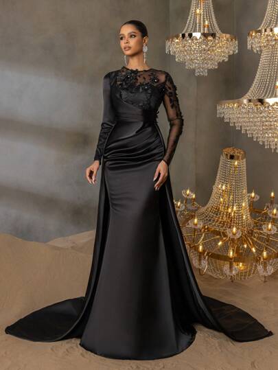 Elasola Elegante abito da sposa da sirena con collo rotondo e maniche lunghe, con ricamo floreale e silhouette strutturata - perfetto per cerimonie di matrimonio, gala formali, eventi in smoking, occasioni sul red carpet, celebrazioni di lusso