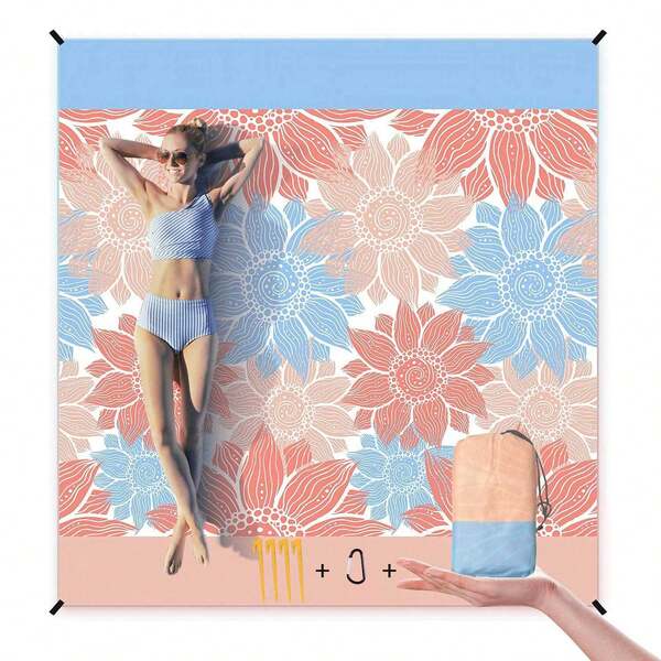 1 Set Outdoor Beach Camping Blanket, Foldable Storable Picnic Mat, With Portable Hooks And Spikes, Large Oversized Garden Beach Mats, Waterproof Sandproof Outdoor Floor Mat, Beach Towel, Quick-Drying Moisture-Proof Mat, Wear-Resistant Polyester Material, Compact Lightweight Beach Accessories, Comfortable Family Picnic Mat, Summer Party Supplies, Crawling Mat For 8-10 Adults Travel Park Hiking Holiday Concert Vacation