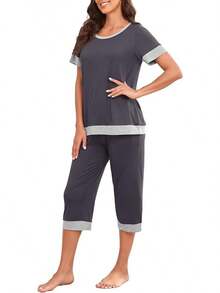 S.PrinStory Women's Pajama Set Short Sleeve Shirt And Pants Sleepwear Pjs Sets Lounge Set - Dark Grey - View 3