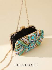 ELLA GRACE-Vintage Beaded Clutch With Colorful Stones & Detailing – Art Deco Metal Frame, Detachable Chain For Weddings/Parties/Vacations – Gift-Ready Evening Bag Or Crossbody - Multicolor - View 6