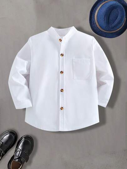 Boys Solid Color Pocket Front Button Closure Long Sleeve Shirt, Fashionable Stand Collar, Suitable For Outdoor, Party, School Uniform "Valentine's Day"