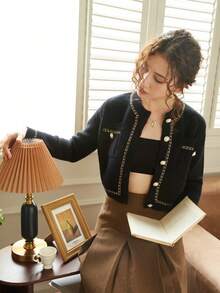 Knit Mix 优雅女士时尚针织法式通勤毛衣，撞色设计，简约复古风休闲长袖圆领开衫，适合秋冬季、圣诞节、感恩节、新年、情人节和开学季穿着。 - 黑色 - 查看 9