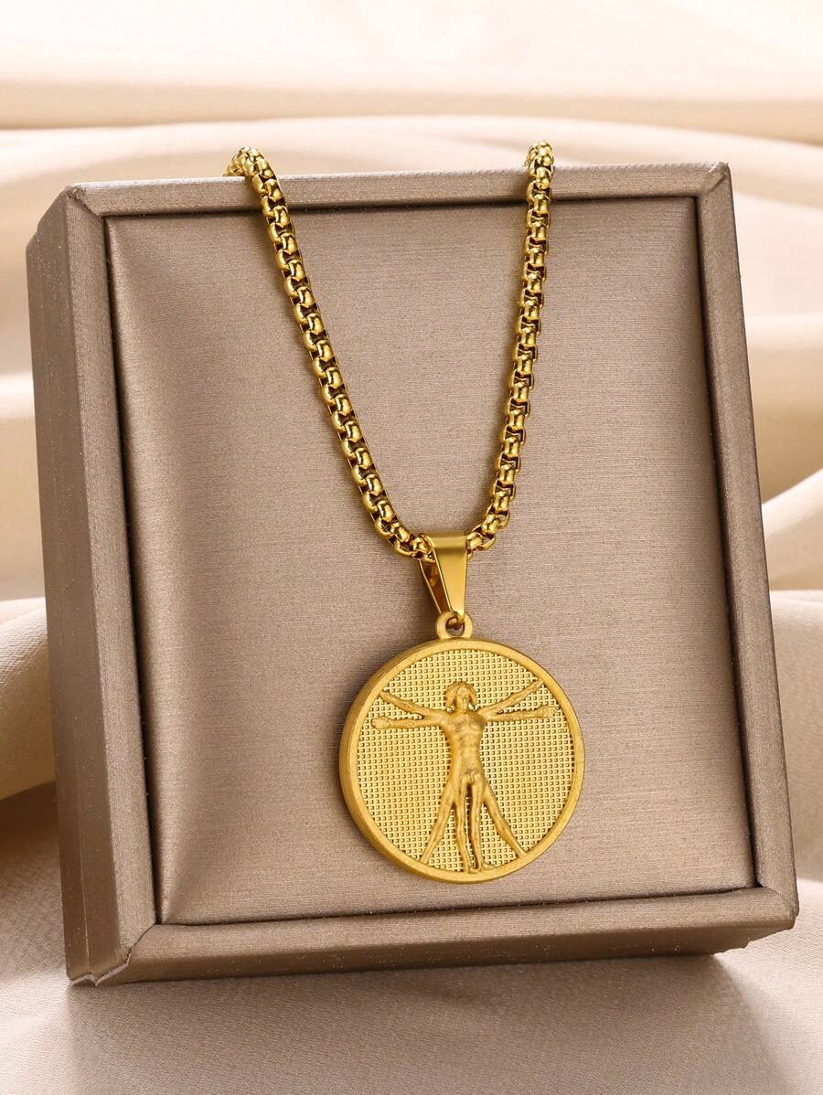 1Pc Vintage Style Da Vinci Vitruvian Man Necklace, Vitruvian Man Round Pendant Necklace, Stainless Steel Necklace, Charm Jewelry Fashion Accessories, Gift For Her/Him
