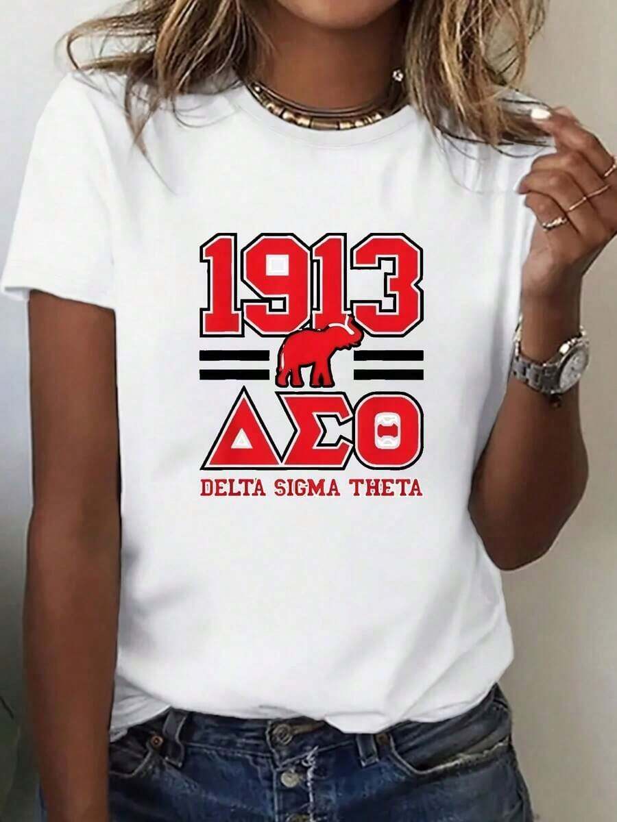[ΔΣΘ Graphic Tee] Delta Sigma Theta Women's Graphic T-Shirt |   Comfortable White Casual Round Neck Short-Sleeve Tee With "1913" & "ΔΣΘ" Design, Polyester Blend, Perfect Gift For WomenPopular T-Shirts,Slogan Print T-Shirt,Typography T-Shirt - White - View 1