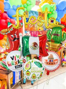 7pcs Mexican Fiesta Balloon Party Decorations Including Gold Fiesta Banner, Cactuses, Chilies, Sombrero, Avocado Balloons