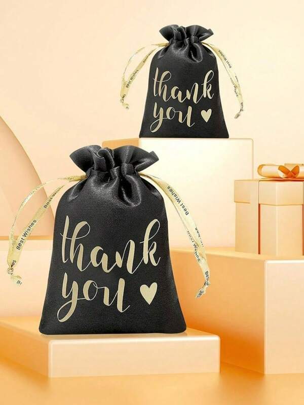 50pcs Black Satin Drawstring Bags, Gift Bags, 4*6 Inches Printed With Gold "Thank You" - Multipurpose Cloth Bags Suitable For Various Holidays, Wedding Favors, Bridal Shower, Anniversary Gifts, Party Supplies And Small Business Gifts