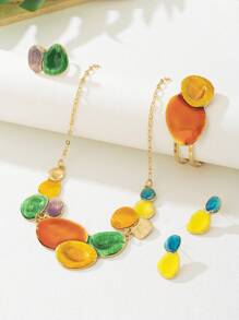 1 Set Colorful Dopamine Inspired Asymmetrical Geometric Ellipse Pendant Necklace, Bracelet, Earrings And Ring For Women, Suitable For Vacation, Daily Wear, Music Festival