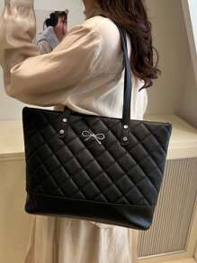 2025 New Rhombus Pattern Casual Large Capacity Bow Decor Tote Bag, Minimalist Fashion Handbag