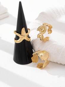 3 Pcs Summer Marine Themed Ocean Inspired Starfish Ring , Seashell Scallop Design Stacked Rings Set , Women Beach Vocation Jewelry Accessories