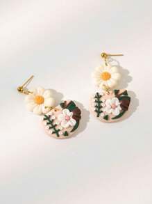 Pendientes colgantes de flor de arcilla polimérica hechos a mano, flores 3D de arcilla en color blanco y rosa, regalos de joyería para mujeres