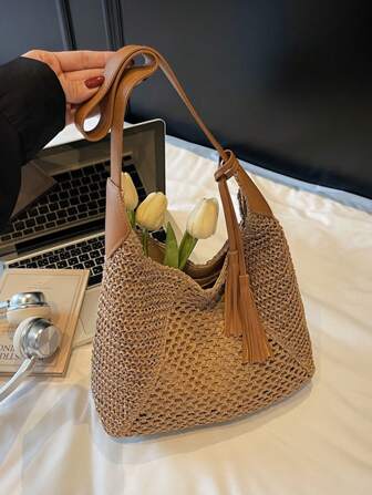 新款时尚草编单肩包，大容量百搭女士手提包，适合购物、度假、旅行