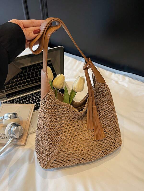 Bolsa de Ombro de Palha da Moda, Bolsa Feminina Versátil de Grande Capacidade, Adequada para Compras, Férias, Viagens