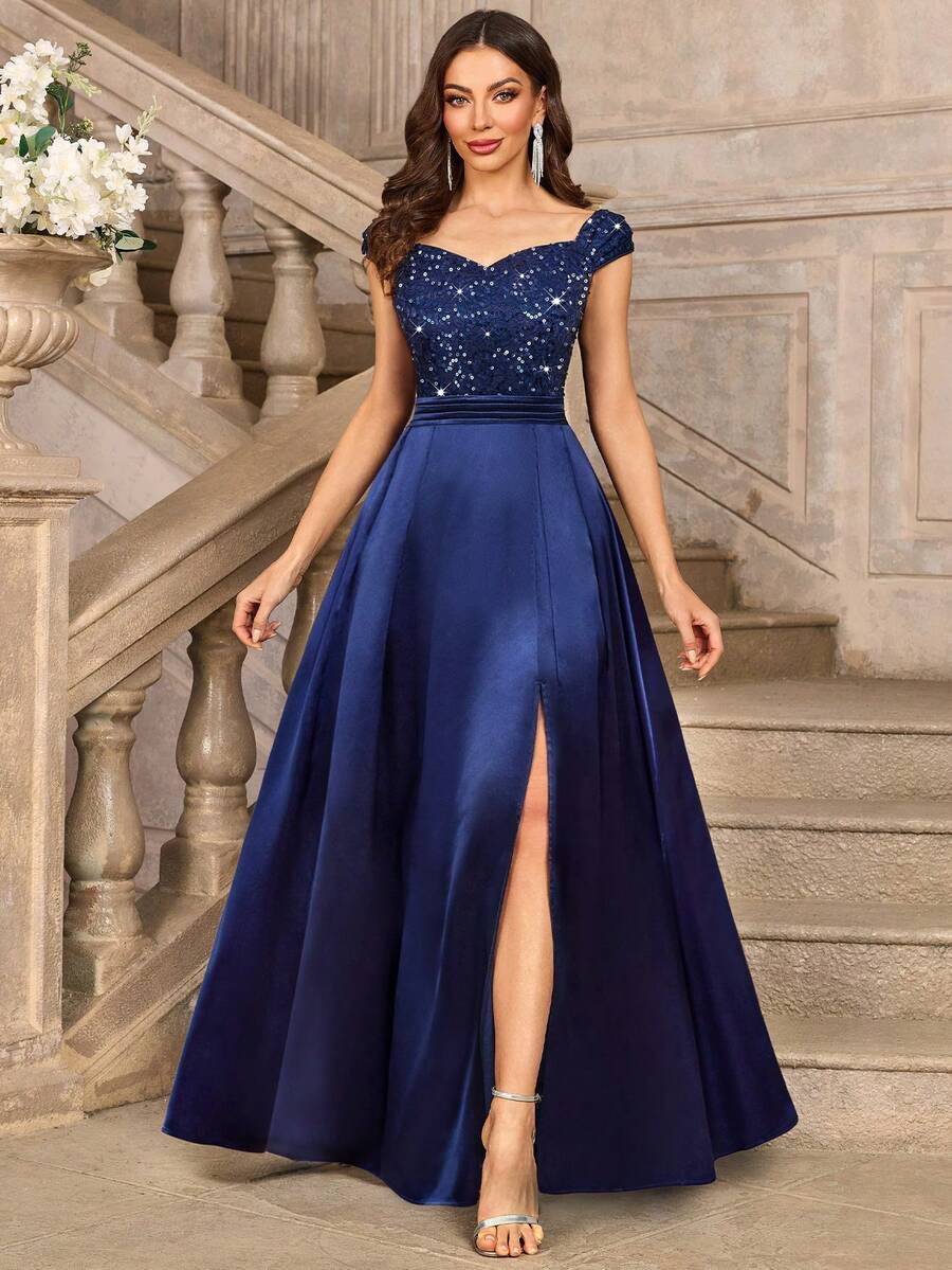 MIUSOL Sequin Floral Lace Sweetheart Neck Cap Sleeve Contrast Satin Formal Party Maxi Dress, Elegant Party Dress For Women, Formal Evening Gown, Prom Dress, For Easter, Mother Day, Wedding Guest, Graduation, Dinner - 藏蓝色 - 查看 1