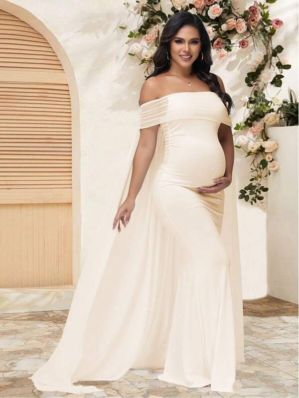 JustVH Maternity Mesh Off-Shoulder Dress For Baby Shower, Cloak Maxi Women Outfit