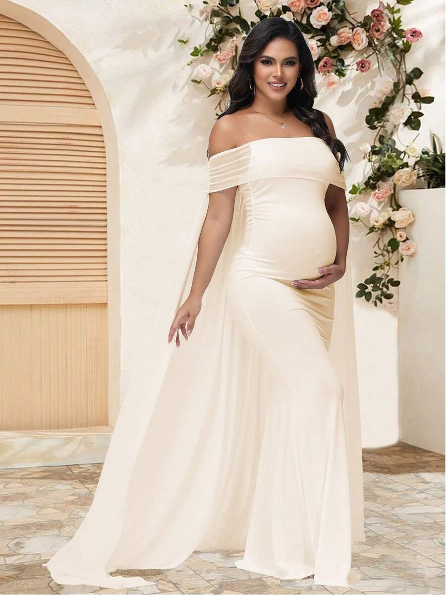 JustVH 优雅孕妇透视露肩连衣裙，适合婴儿派对，带帽长裙 - 杏色 - 查看 1