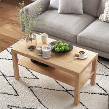 HOMCOM HOMCOM Classic Rectangular Coffee Table With Large Wooden Storage Shelf, Modern Sofa Coffee Table For Living Room And Office, 90x45x44.5 Cm, Natural Wood