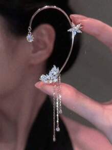 1 pieza Pendientes de clip con borla larga con mariposa y estrella de cristal rhinestone, estilo minimalista y de moda, personalizados, adecuados para uso diario de mujeres, fotografía, regalo de cumpleaños