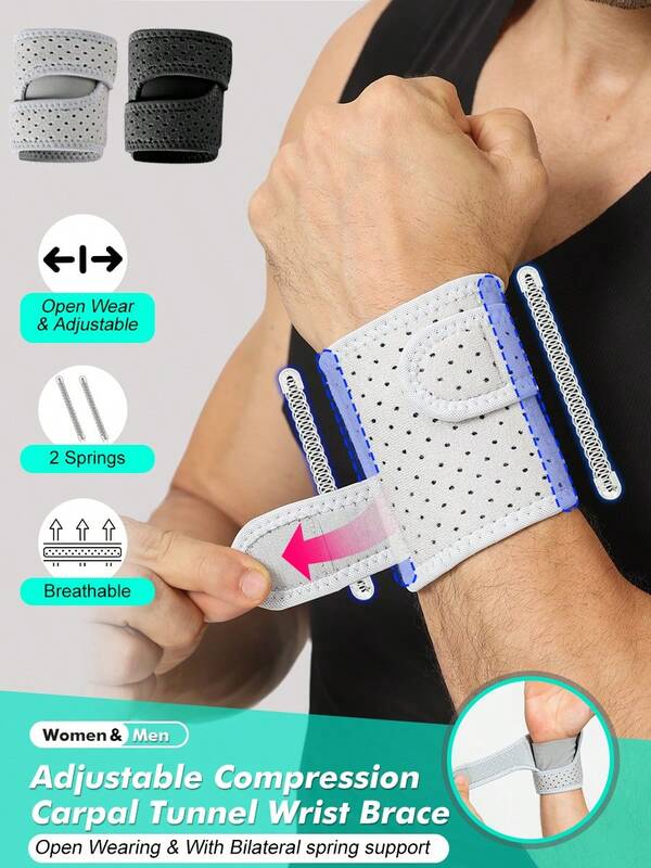 1 pieza - Muñequera de compresión ajustable para el túnel carpiano, muñequera con correas cruzadas, con 2 resortes a ambos lados, transpirable, fijación de compresión para tenis, baloncesto, bádminton, entrenamiento (talla única - negro/gris)