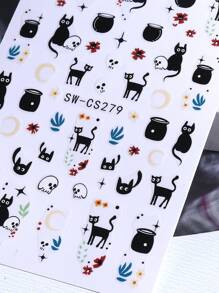 Pegatinas de uñas de 3D Halloween con gato negro, fantasma, serpiente, huesos de mano, pétalos de margarita, líneas de graffiti irregulares, setas, ojo malvado, lágrimas del diablo - 5 piezas - Decoración de manicura para salón - Suministros de uñas para autoadhesivo de esmalte de gel - Diseños otoñales e invernales Y2K